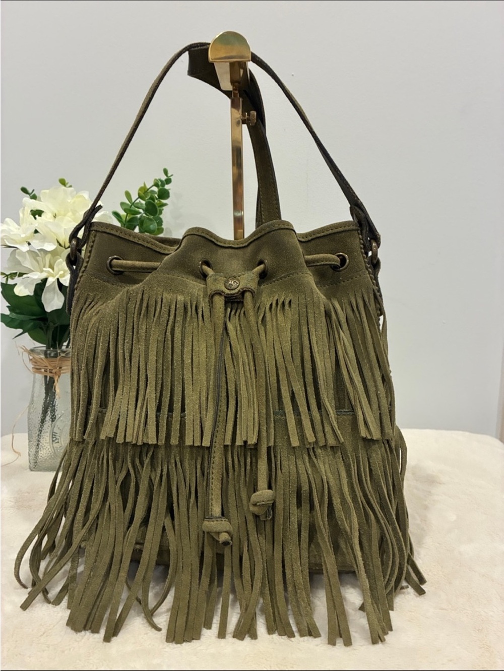 Patricia Nash Olive Suede Fringe Bucket Bag